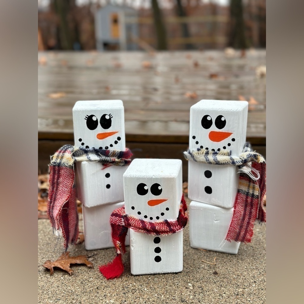 Hand painted pine block snow family